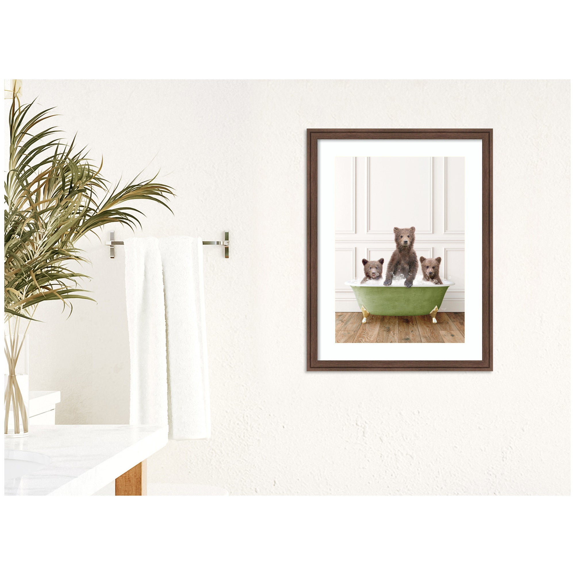 Three Bear Cubs in Bathtub Framed Wall Art Print