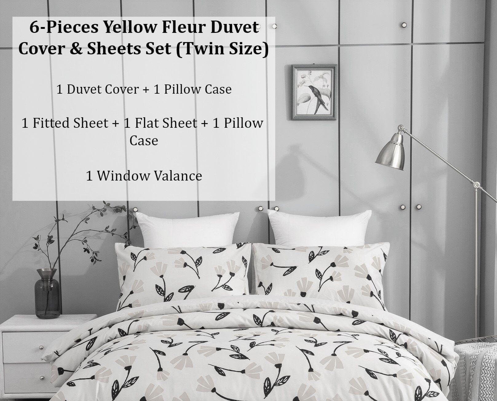 DaDa Bedding Yellow Fleur Duvet Cover, Sheets & Valance Set