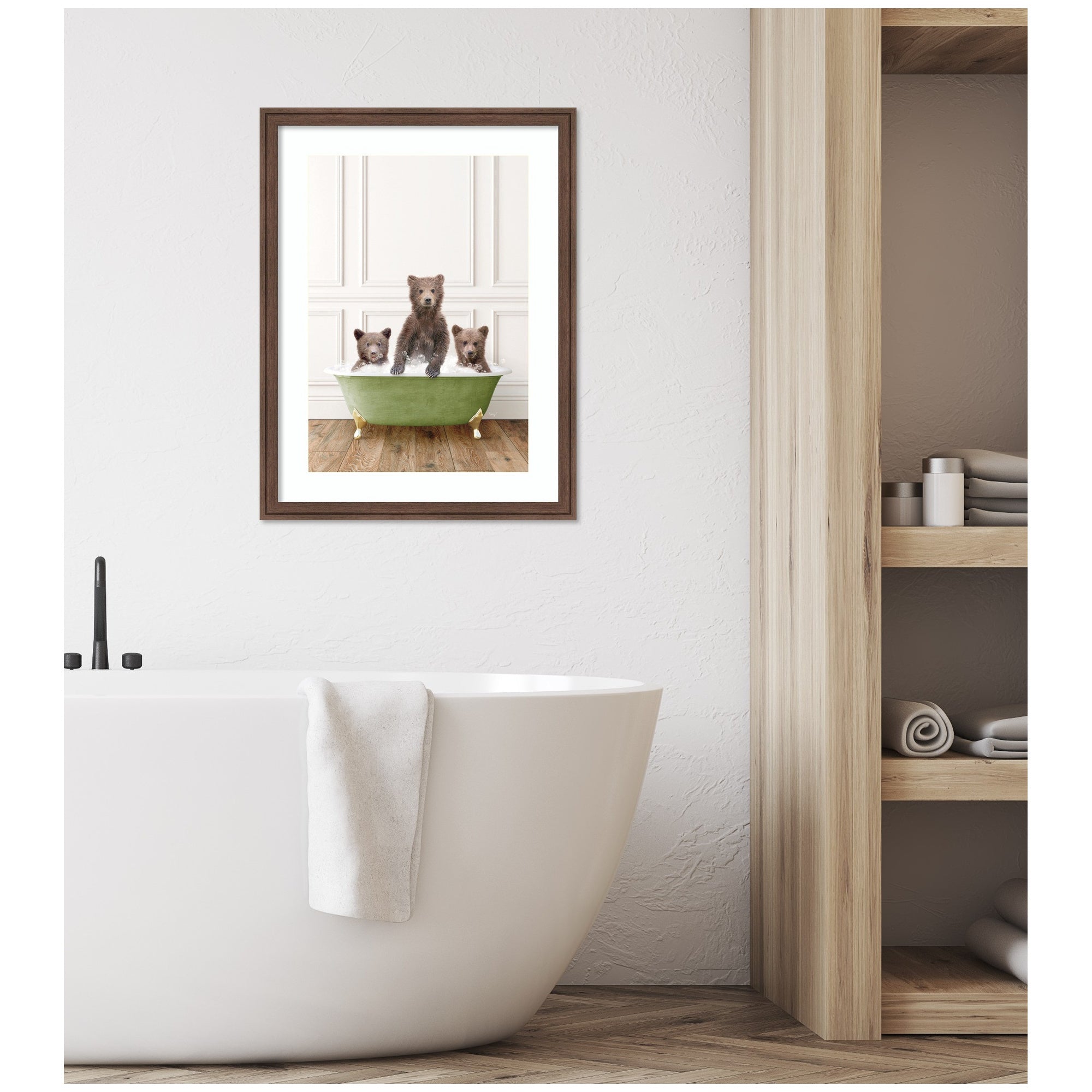 Three Bear Cubs in Bathtub Framed Wall Art Print