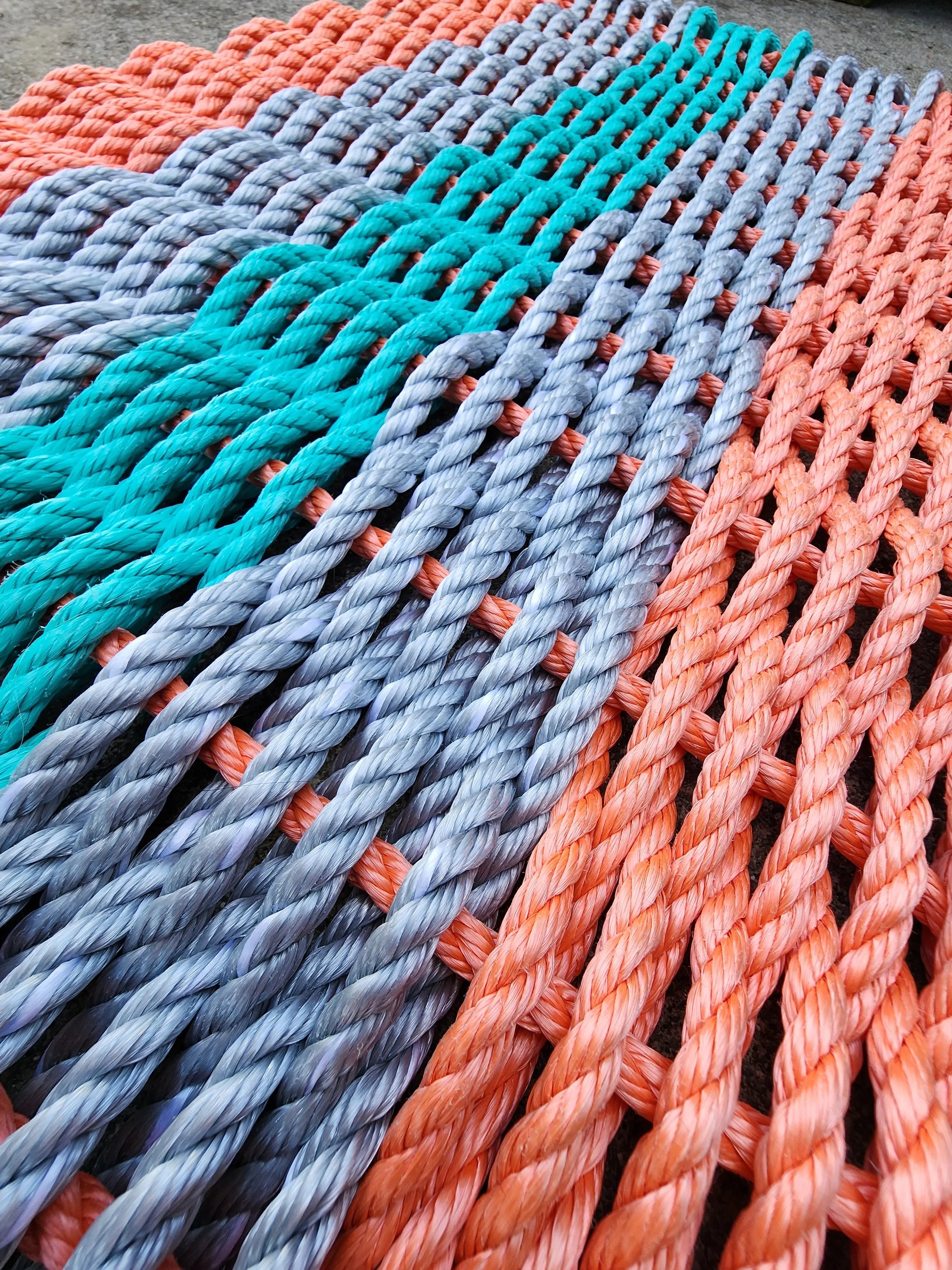 Coral Orange, Light Gray & Teal 5-Stripe Lobster Rope Doormat