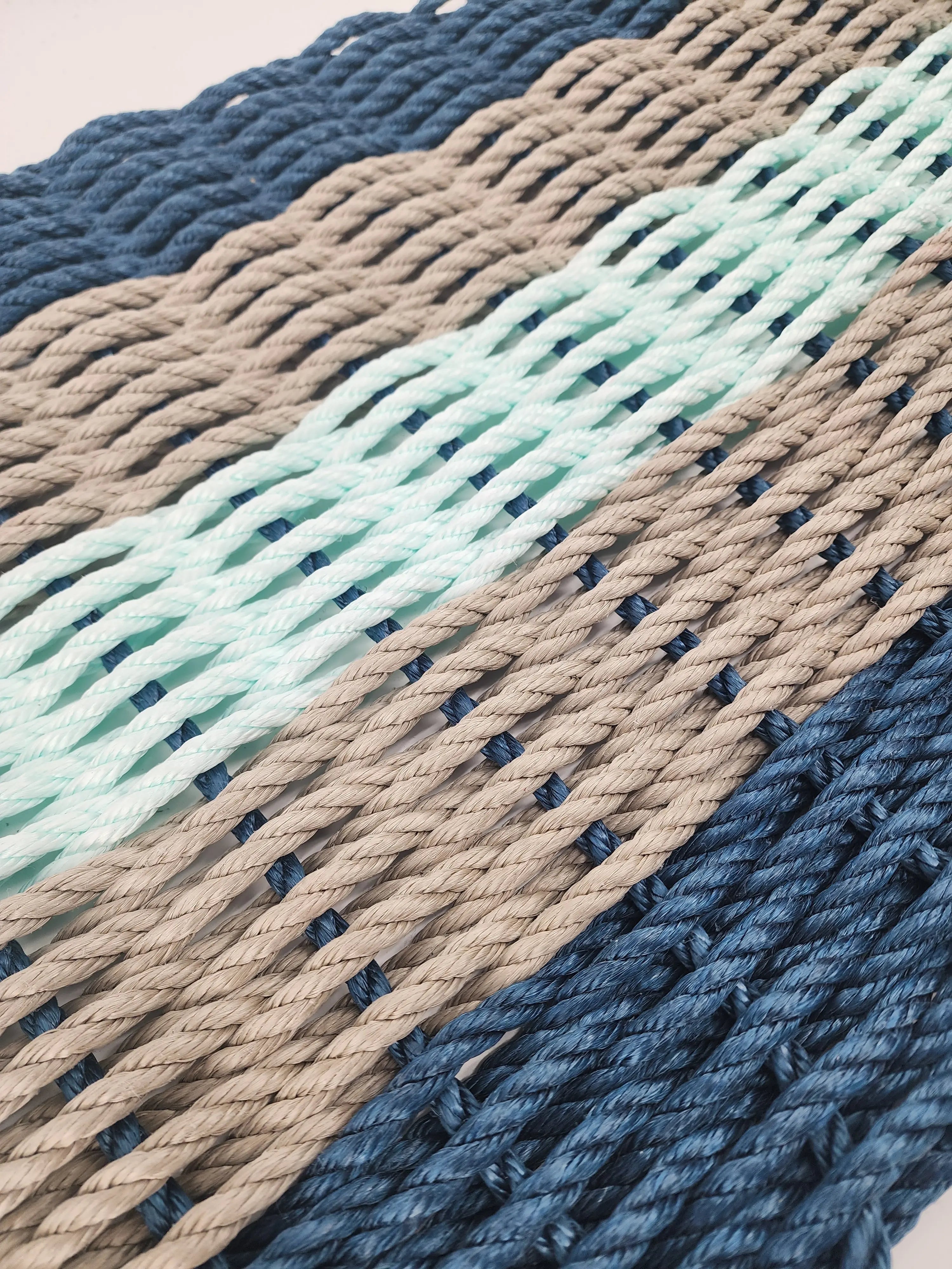 Navy Blue, Tan & Seafoam 5-Stripe Lobster Rope Doormat