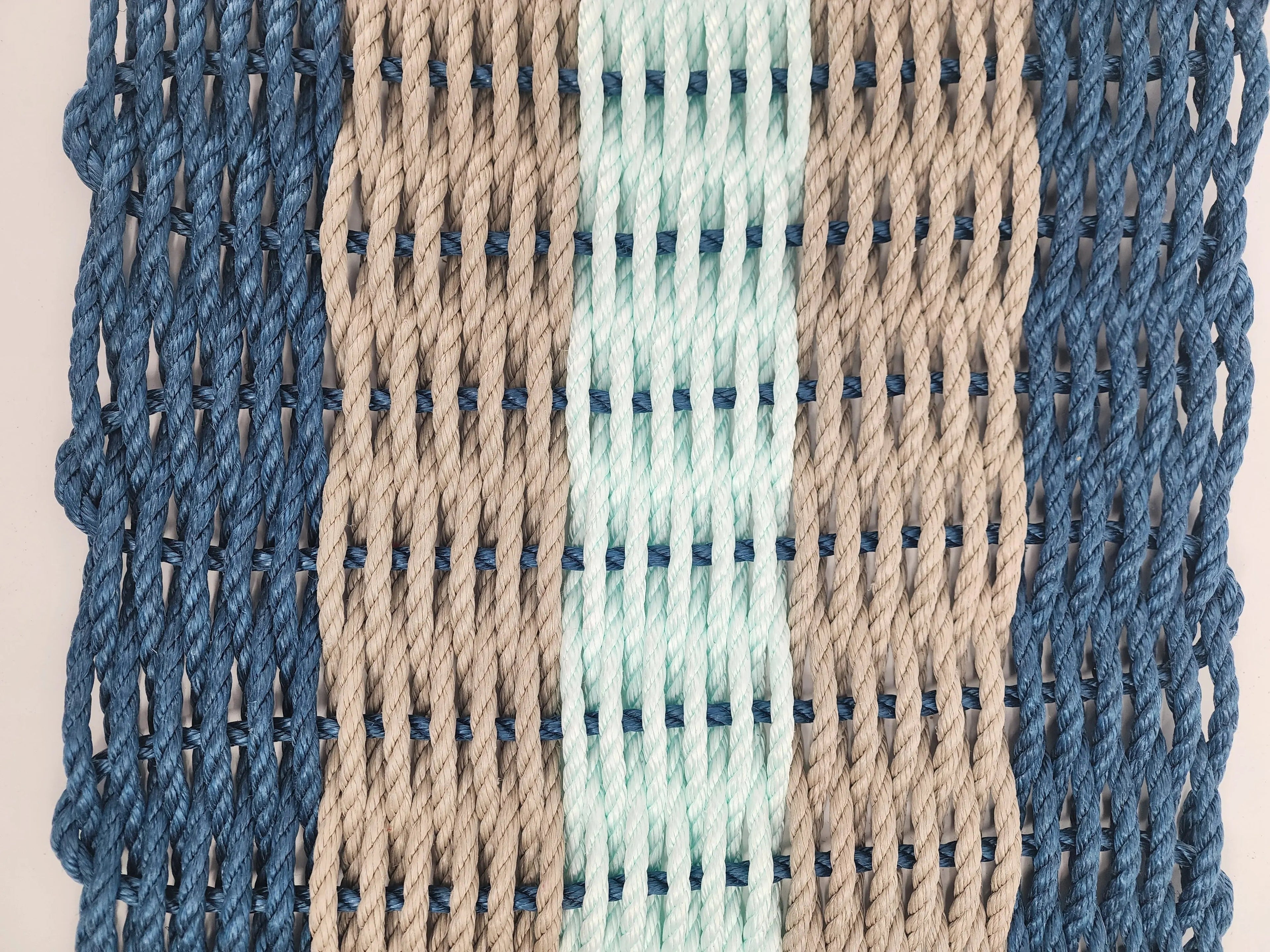 Navy Blue, Tan & Seafoam 5-Stripe Lobster Rope Doormat