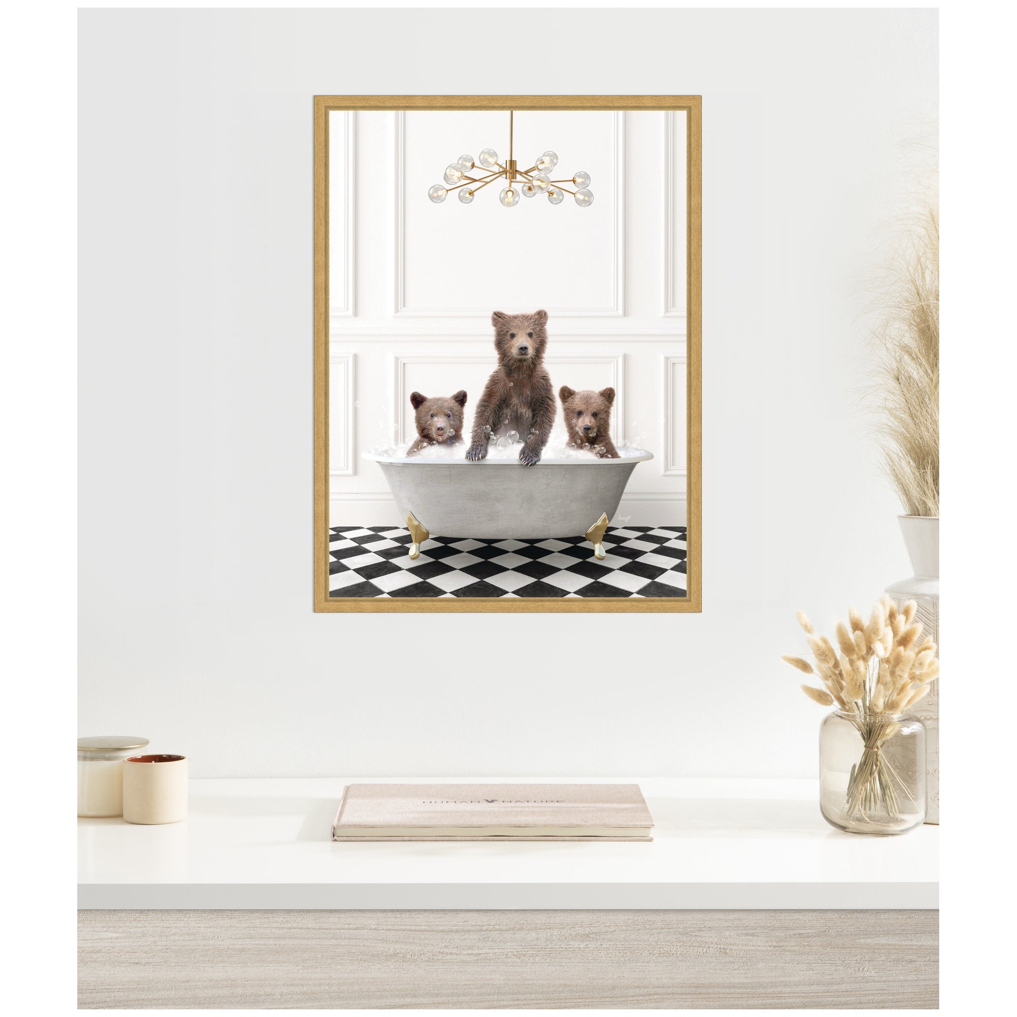 Sylvie Three Bears in Gray Bathtub on Checker Floor Framed Canvas by Amy Peterson