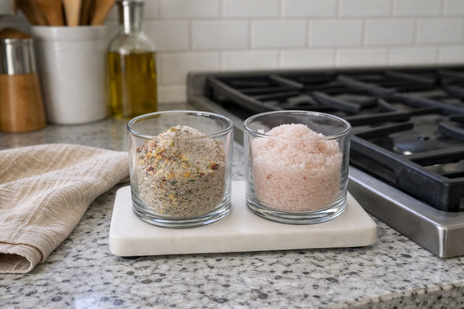 Glass and marble condiment set