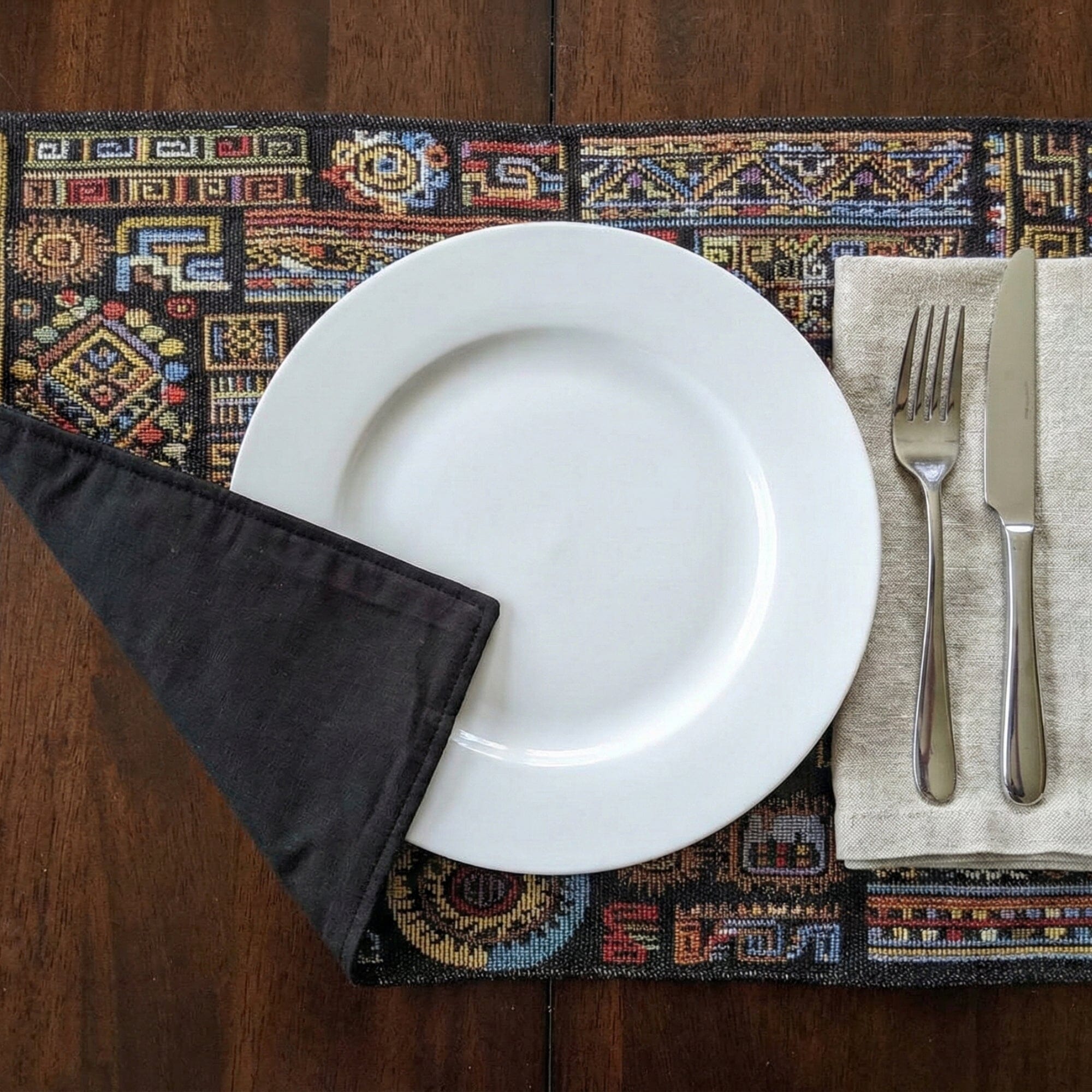DaDa Bedding Set of 4-Pieces Ethnic Ornaments Geometric Black Tapestry Dining Placemats 13” x 19” (18118)