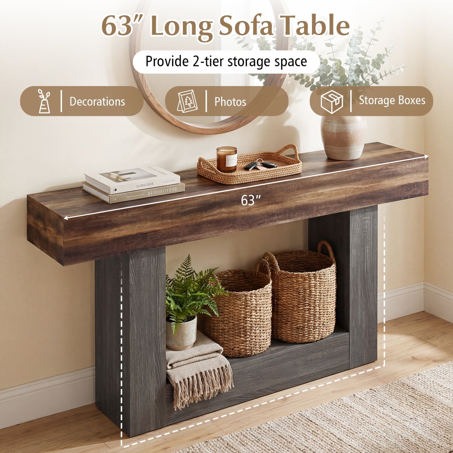 63" Farmhouse Console Table with Storage Shelf – alternate product view