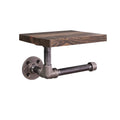 Black pipe toilet paper holder with wood shelf