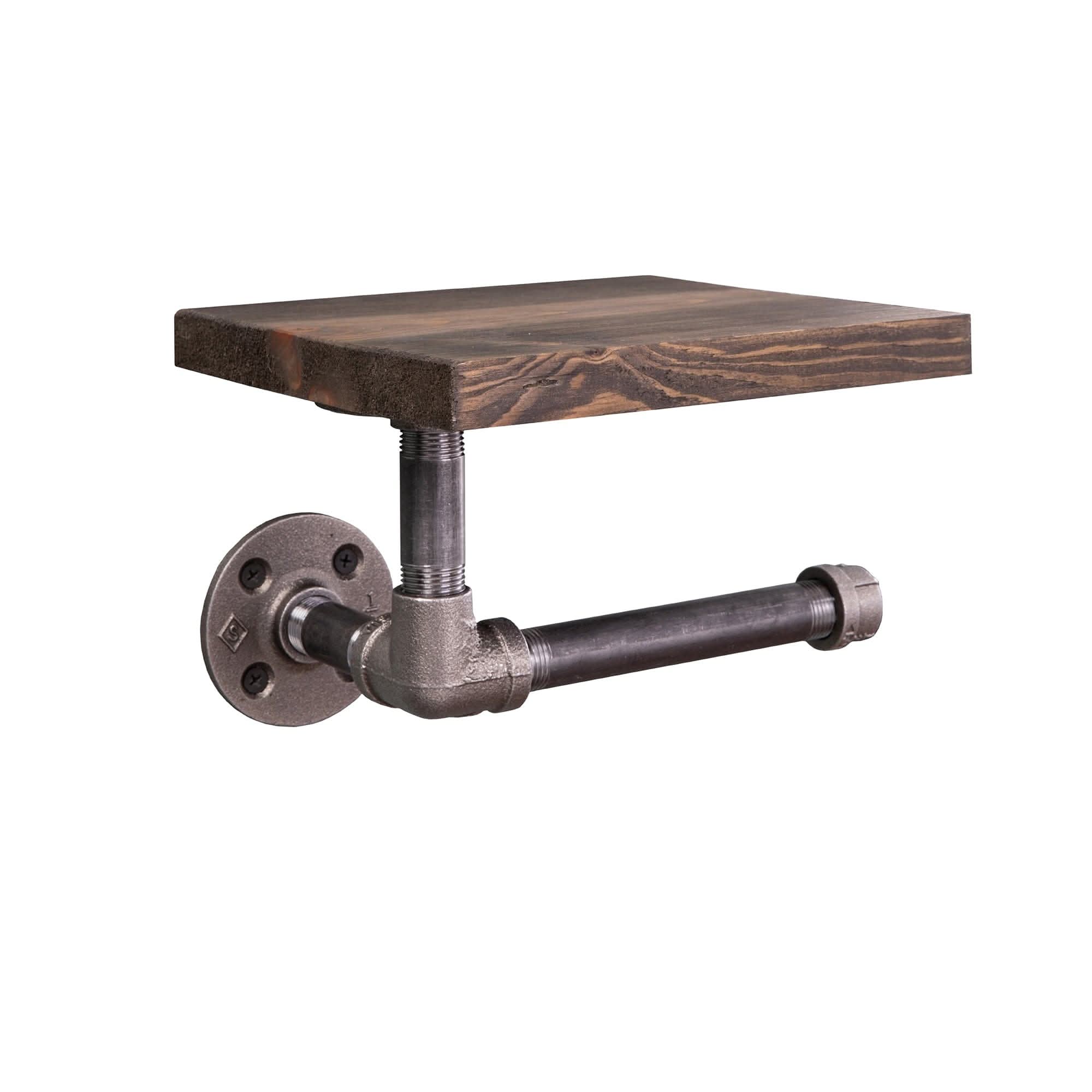 Black pipe toilet paper holder with wood shelf