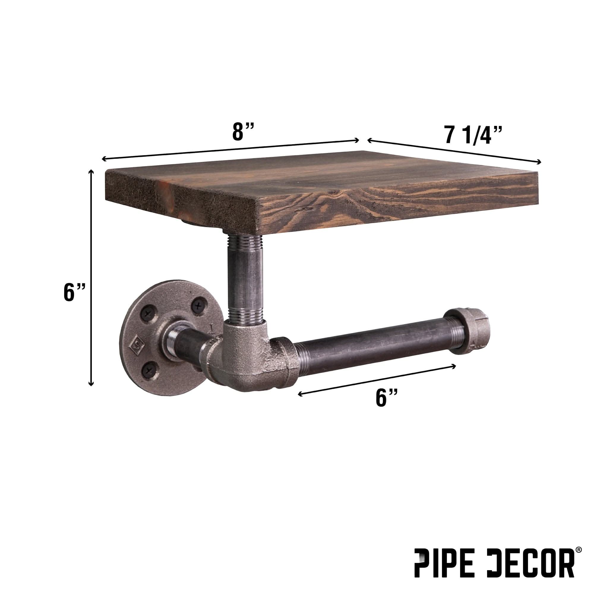 Black pipe toilet paper holder with wood shelf