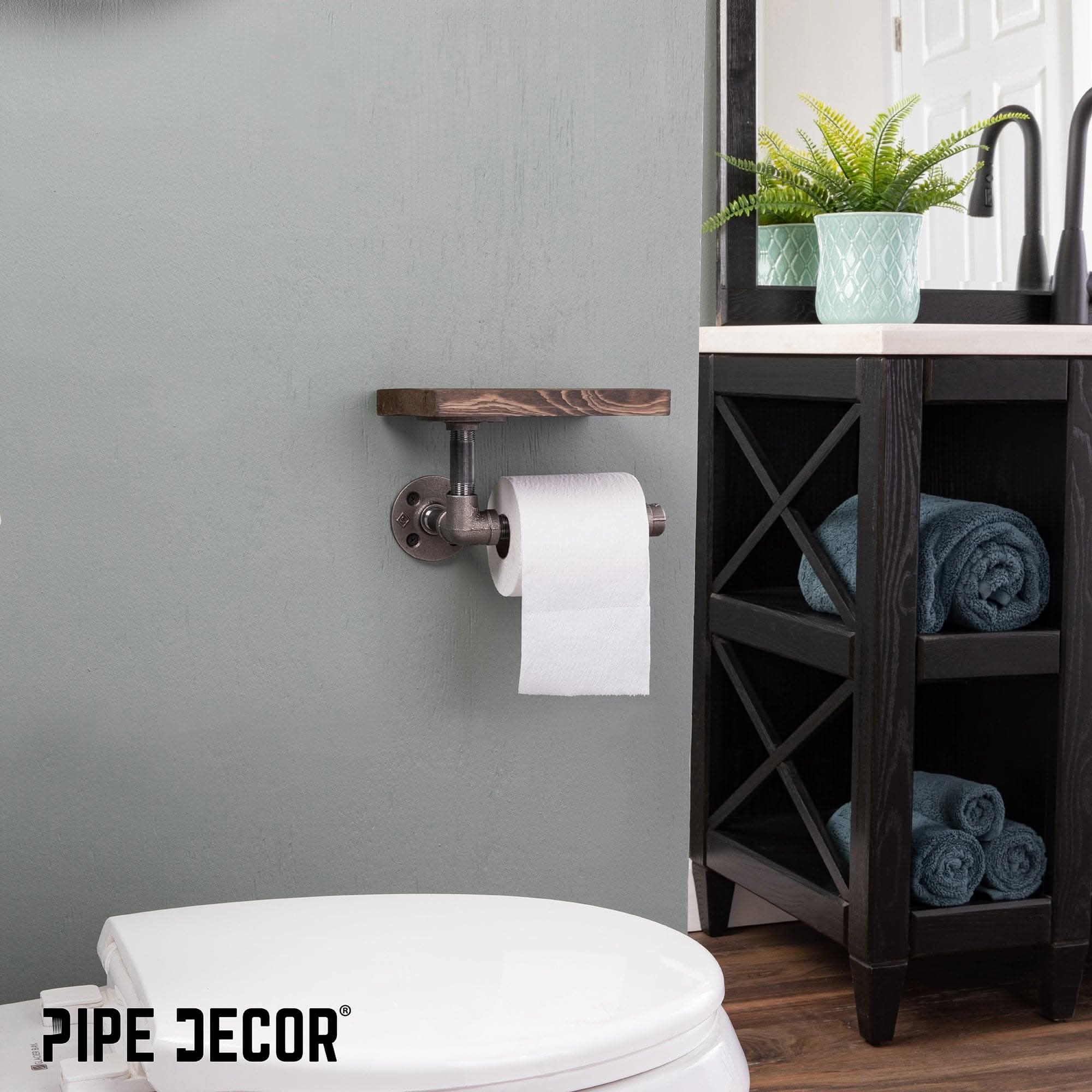 Black pipe toilet paper holder with wood shelf