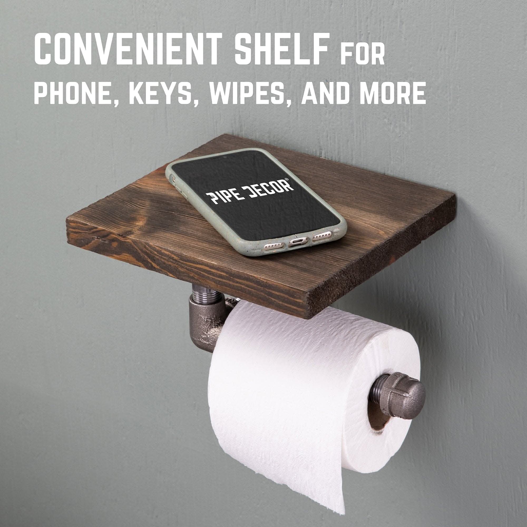 Black pipe toilet paper holder with wood shelf