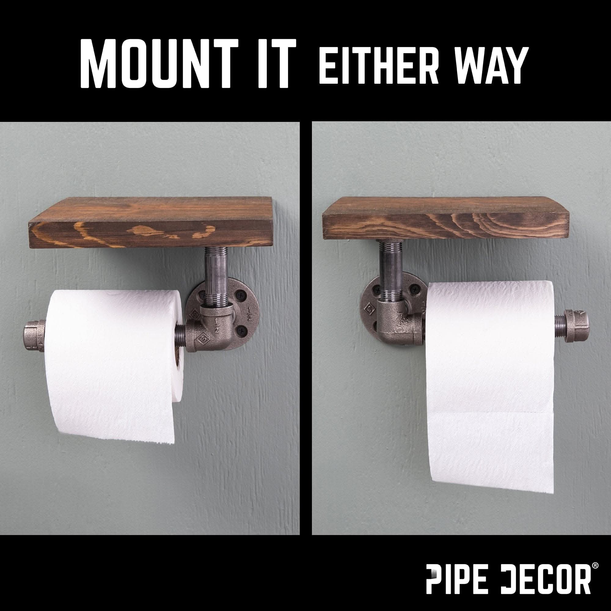 Black pipe toilet paper holder with wood shelf
