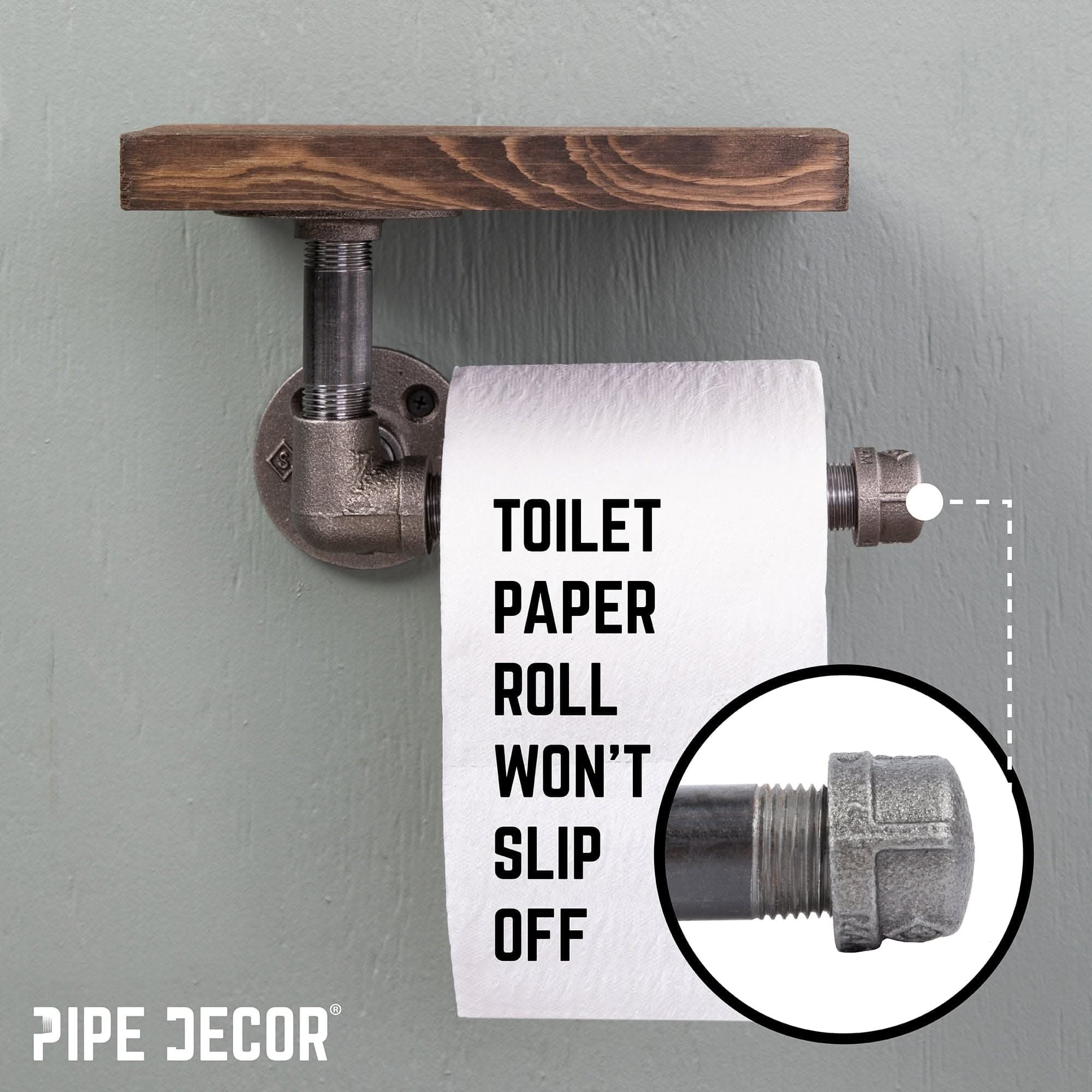 Black pipe toilet paper holder with wood shelf