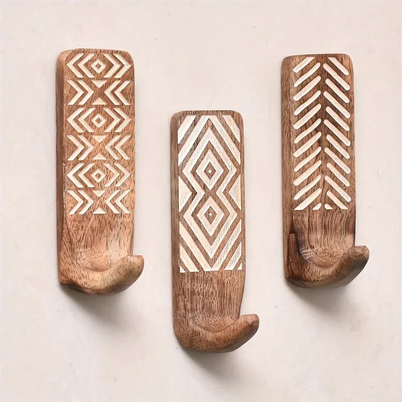 Boho wooden wall hook set