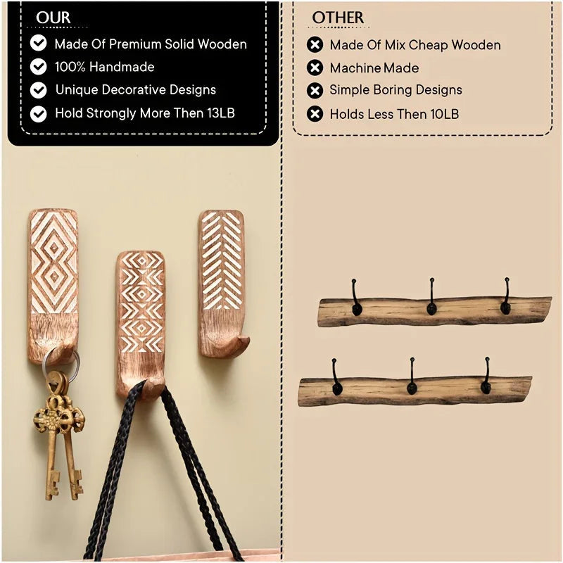 Boho wooden wall hook set