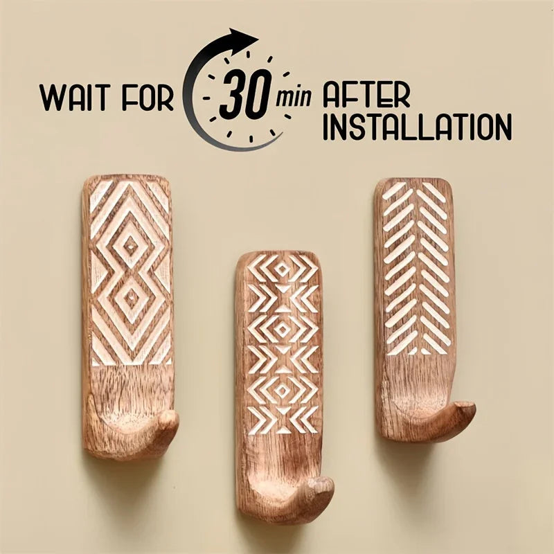 Boho wooden wall hook set