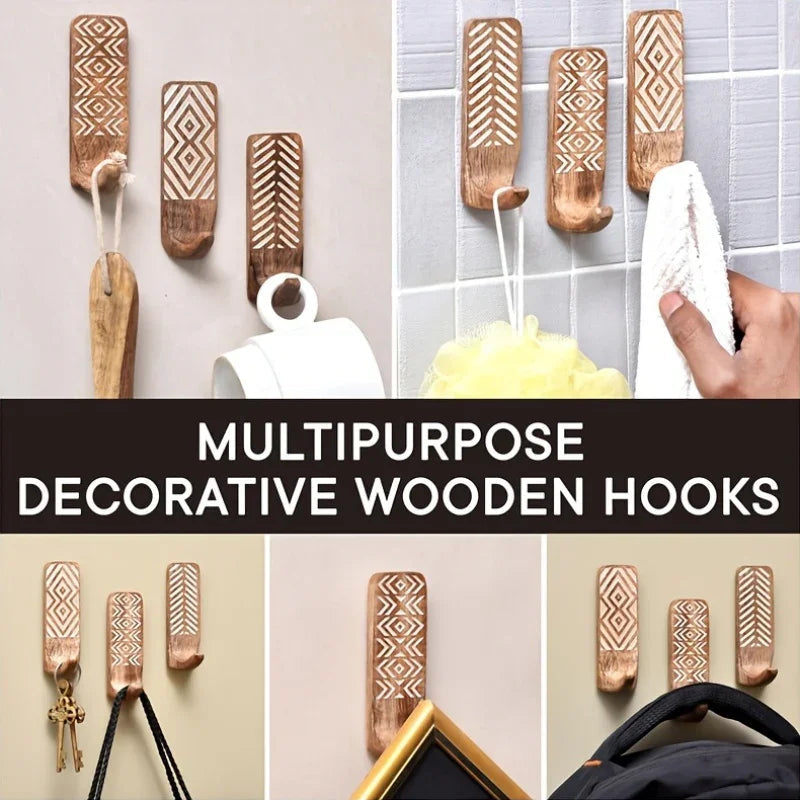 Boho wooden wall hook set