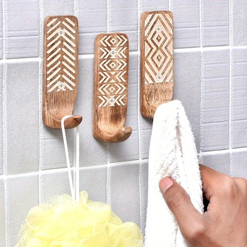 Boho wooden wall hook set