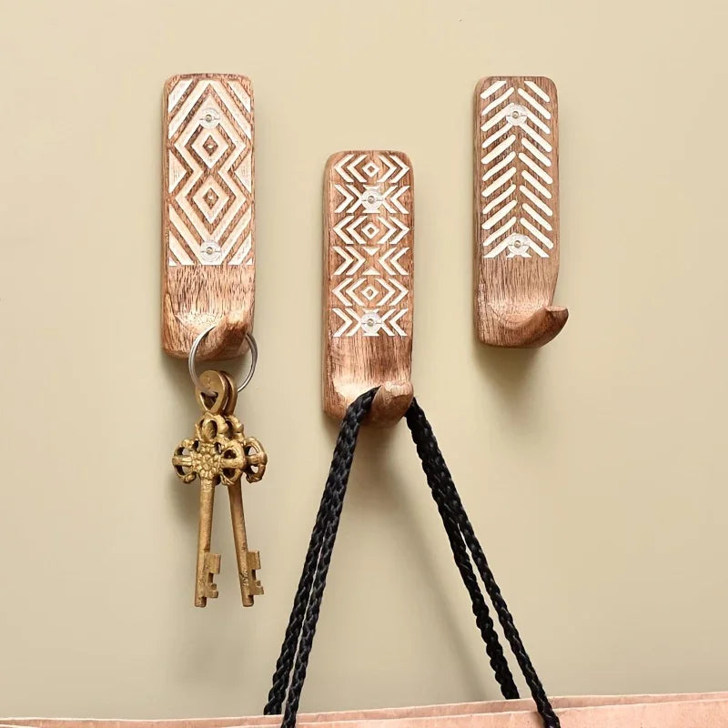 Boho wooden wall hook set