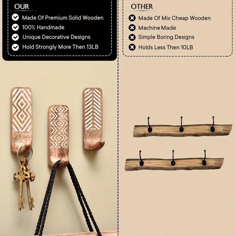 Boho wooden wall hook set