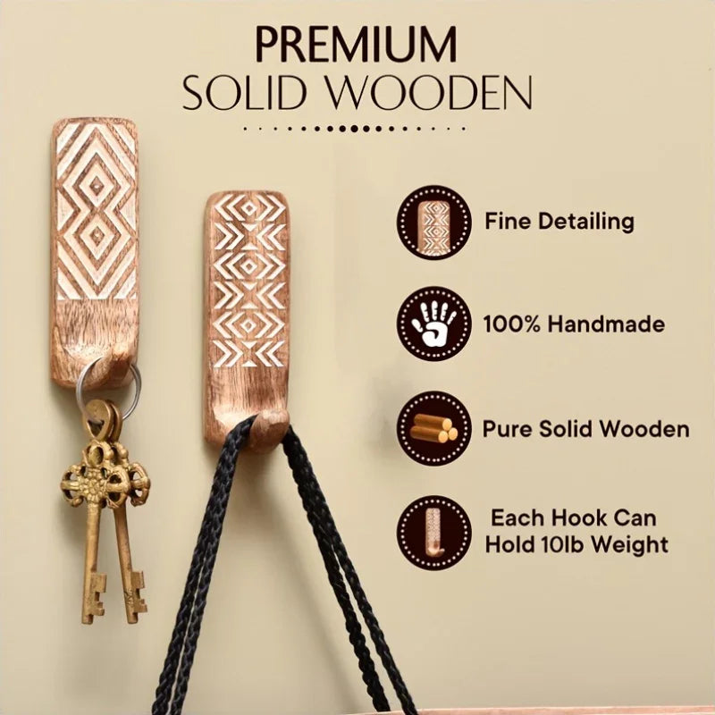 Boho wooden wall hook set