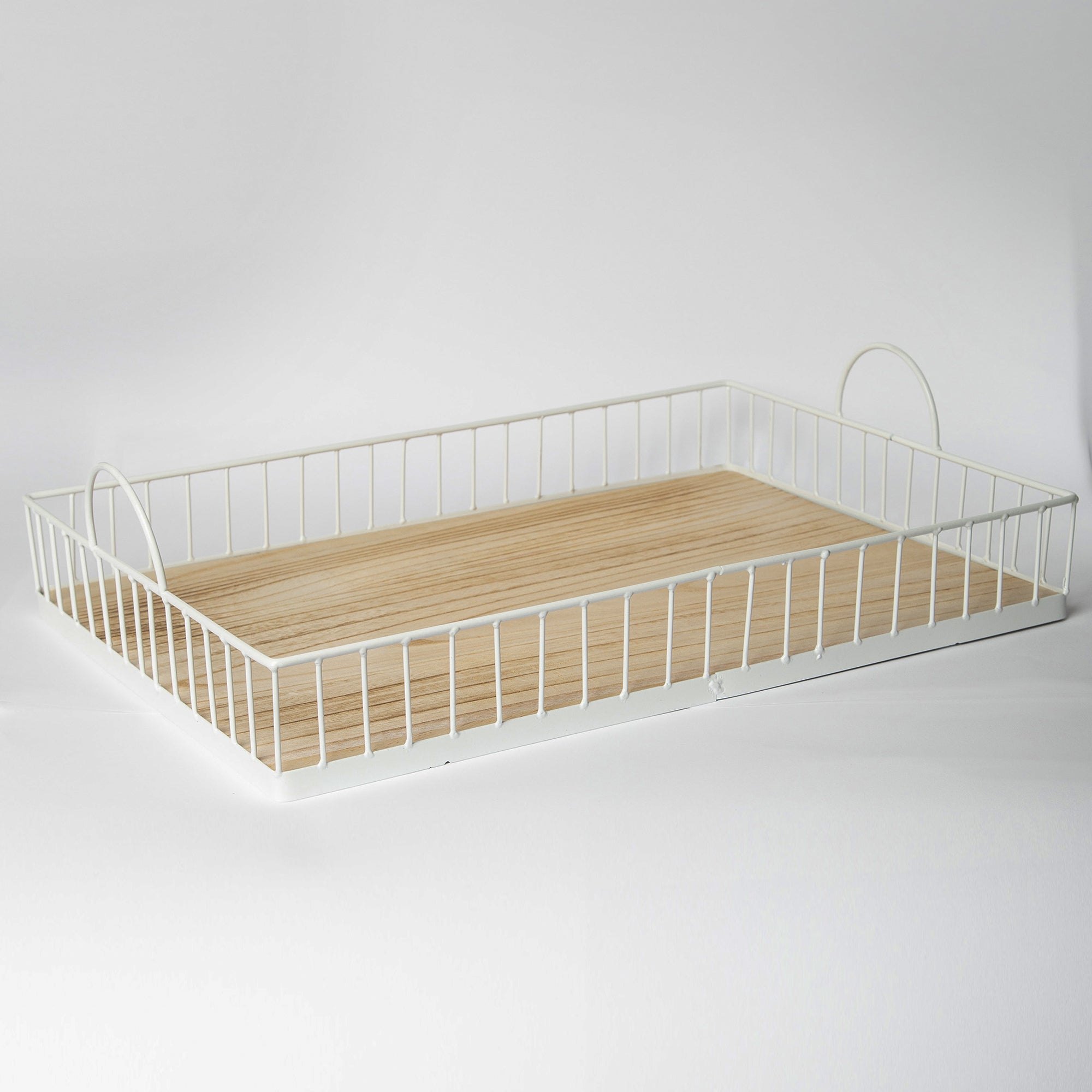 Rectangular white metal and wood decorative tray