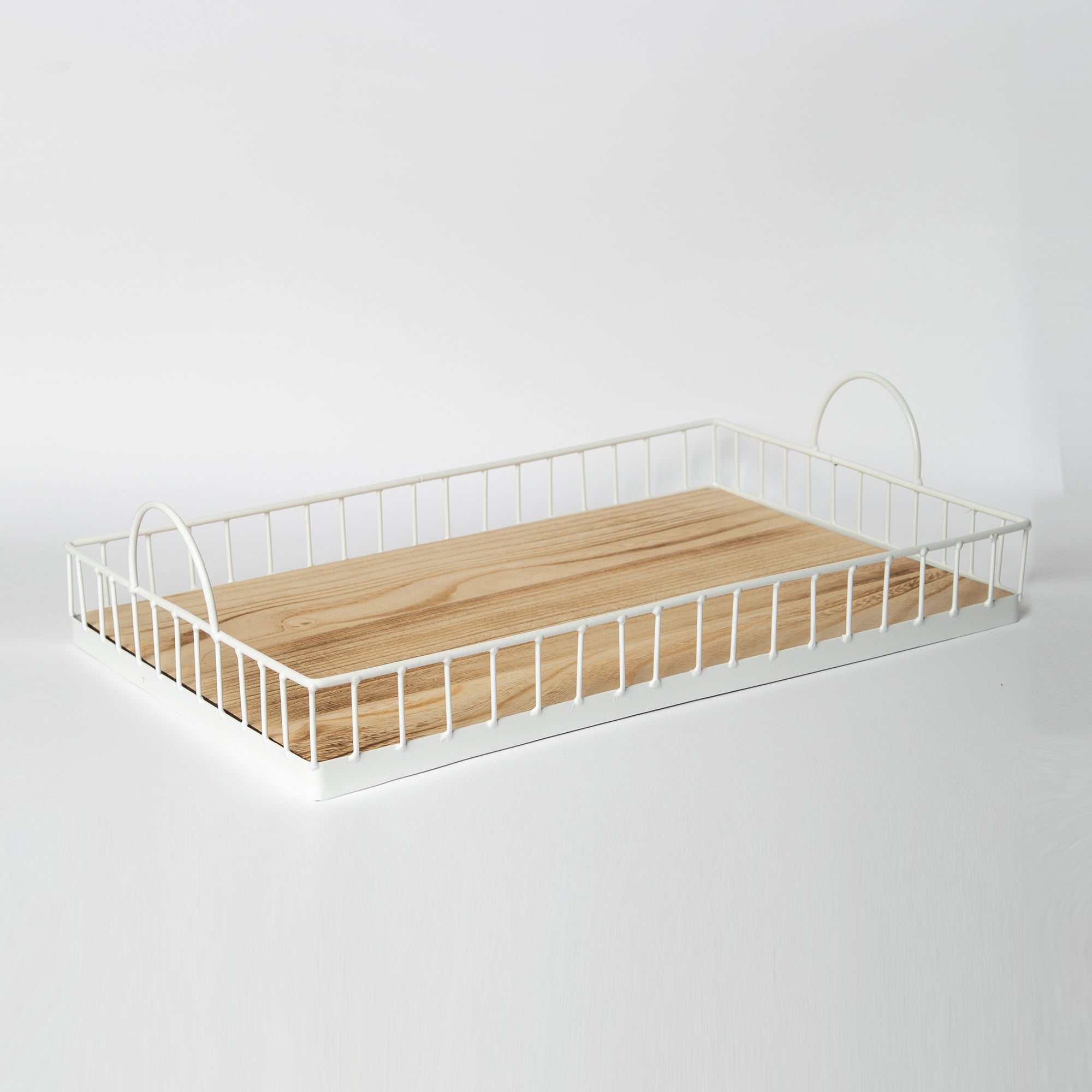 Rectangular metal and wood decorative tray detail