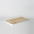 Rectangular white metal and wood tray side view
