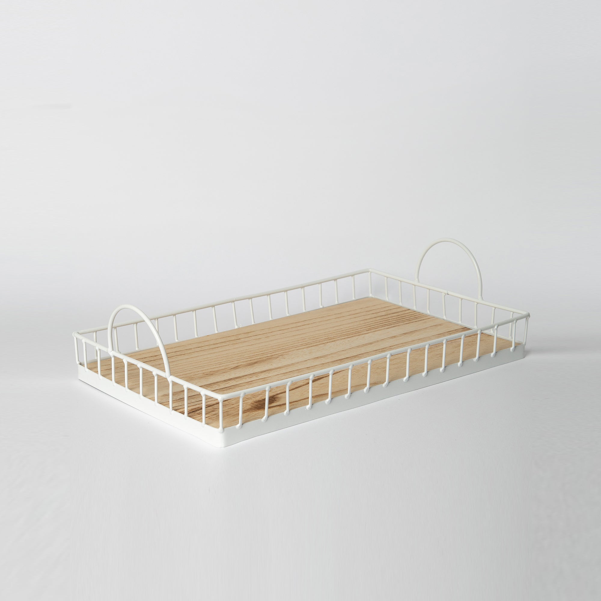 Rectangular white metal and wood tray side view