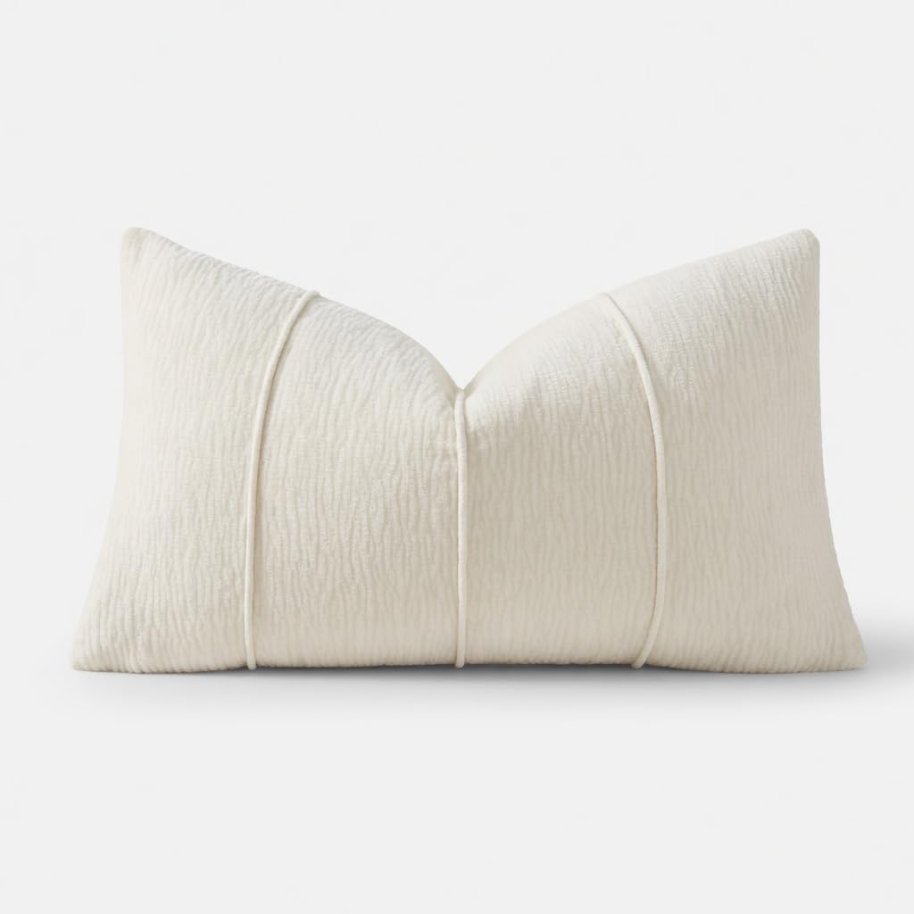 Beige Chenille Lumbar Throw Pillow with Insert — 12" × 20"