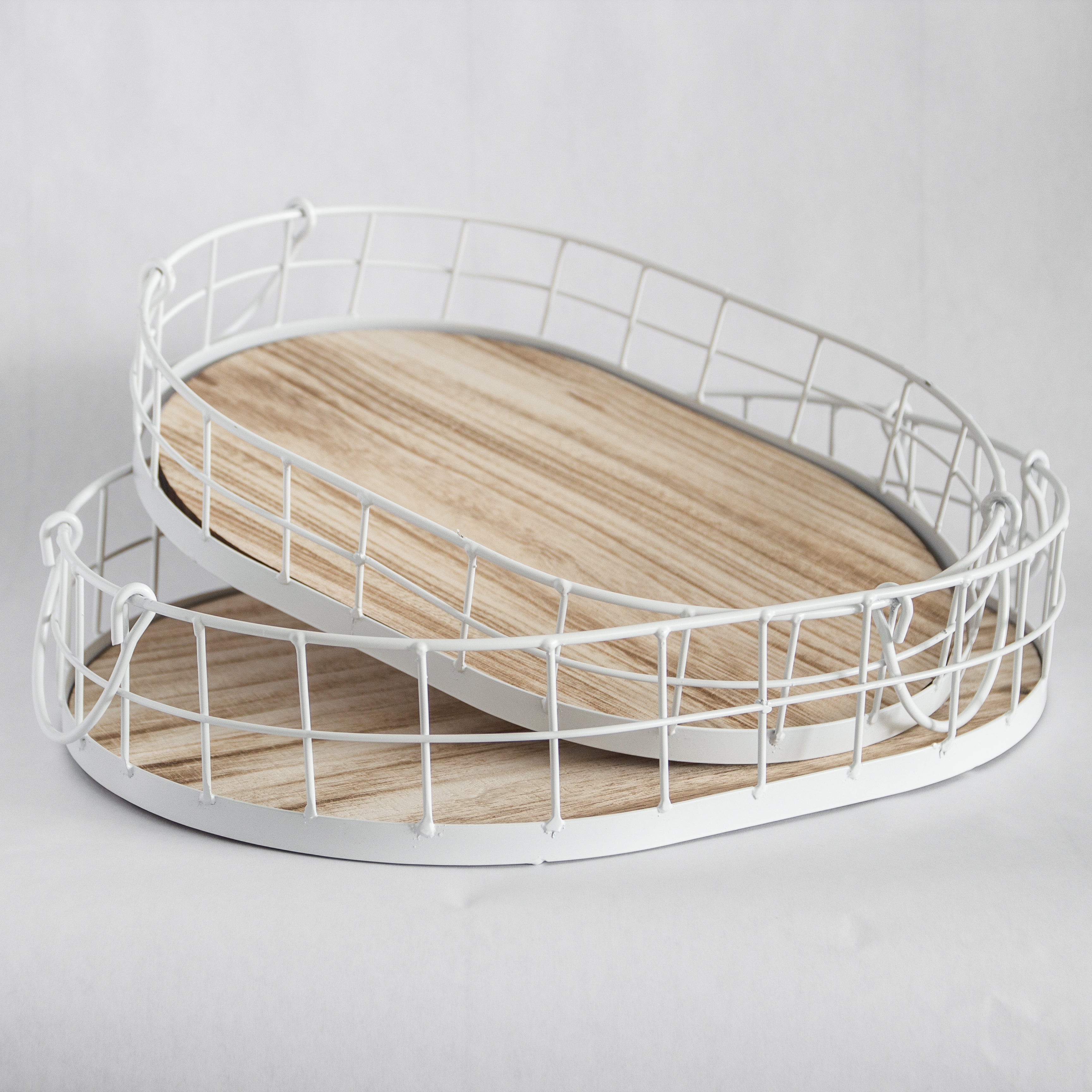Oval white metal and wood decorative tray