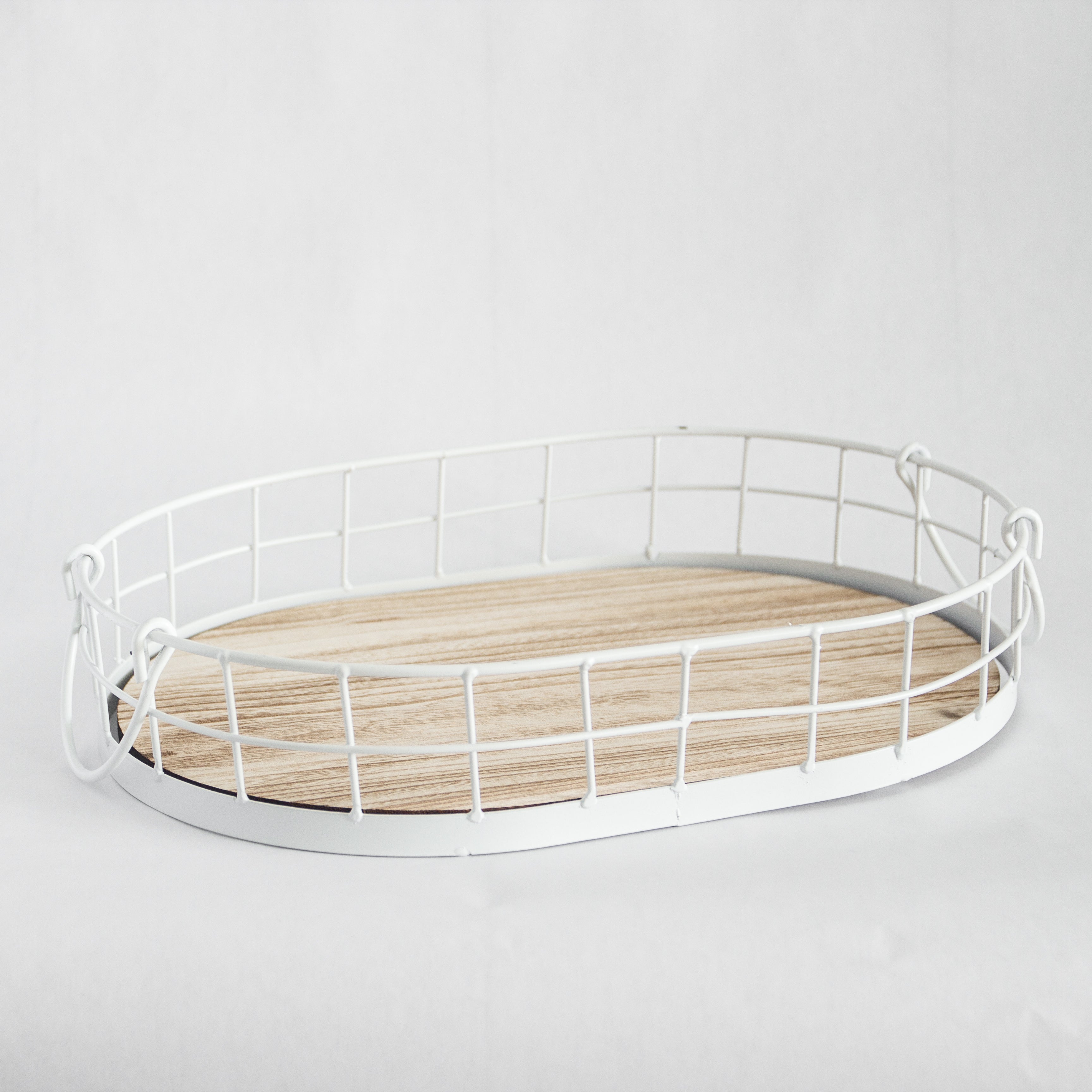 Oval metal and wood decorative tray medium size