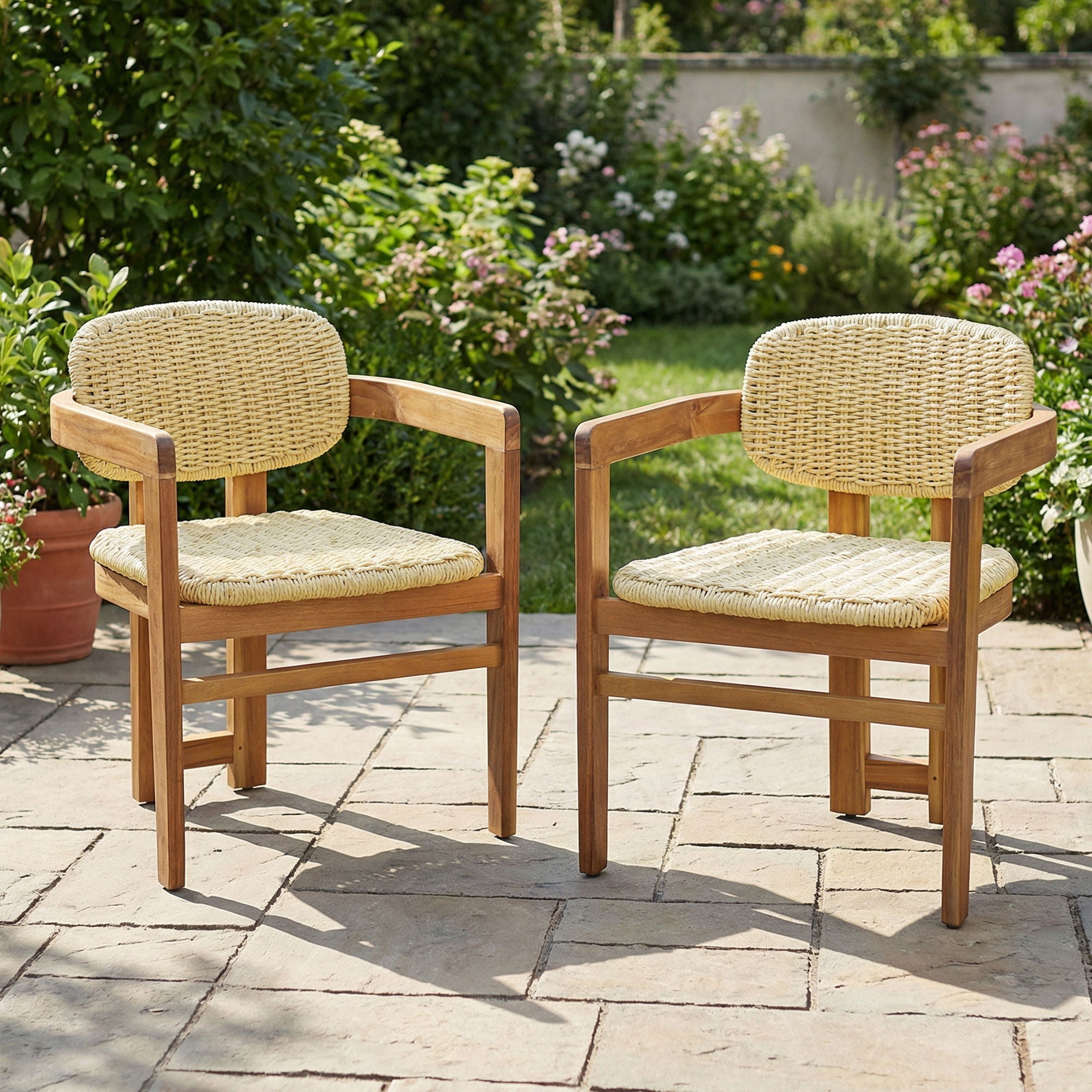 Acacia Wood & Rattan Patio Armchairs - Set of 2