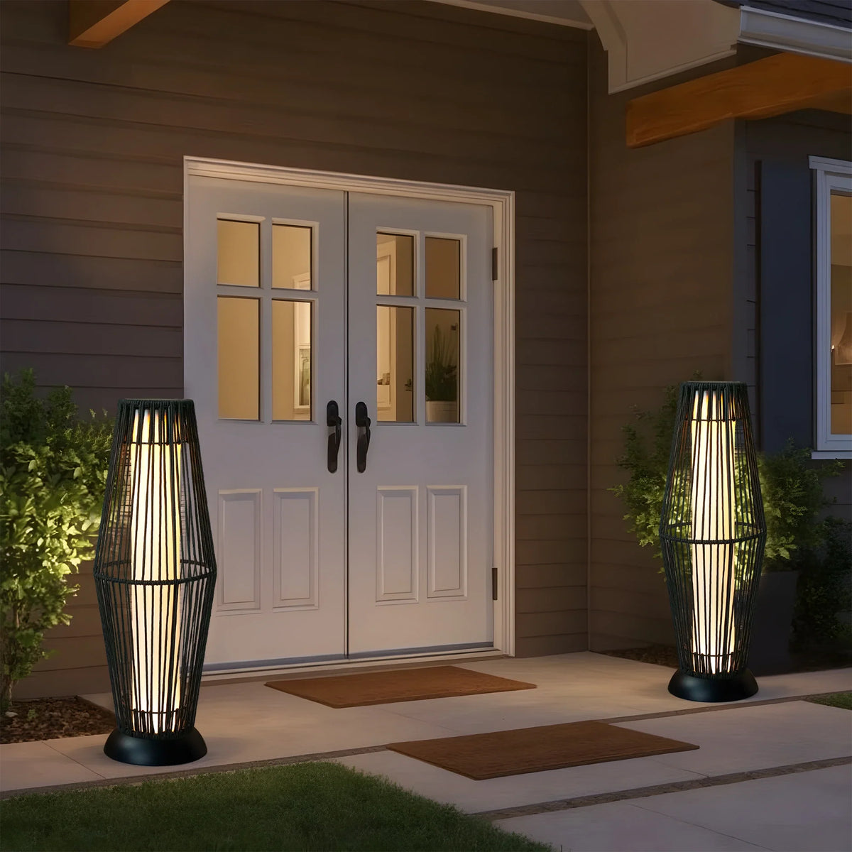 2-Piece Grey Solar Wicker Patio Lamp Set