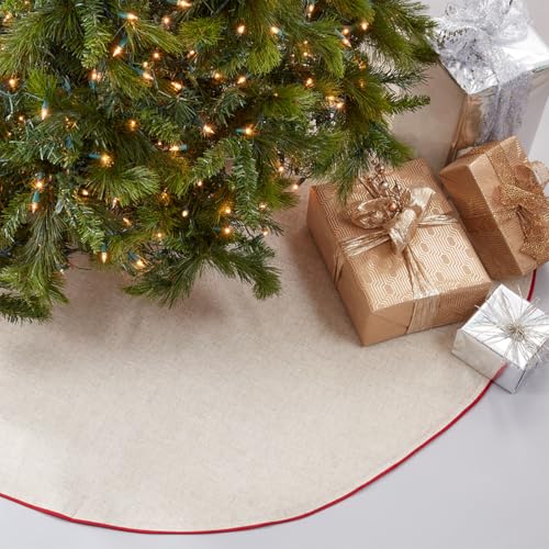 Red Piping Linen-Blend Christmas Tree Skirt — 56"