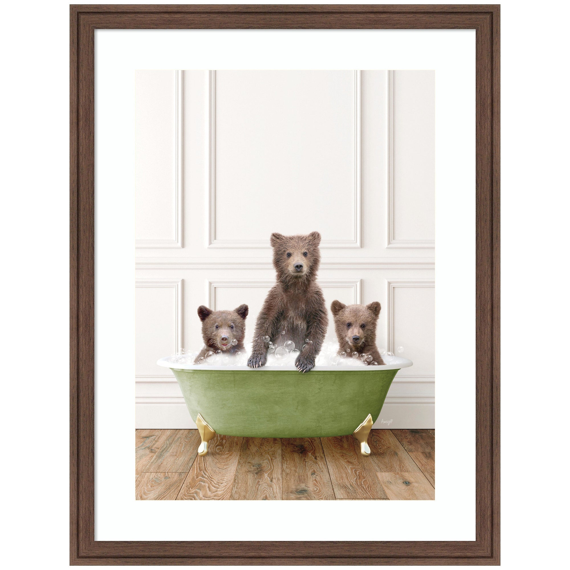 Three Bear Cubs in Bathtub Framed Wall Art Print