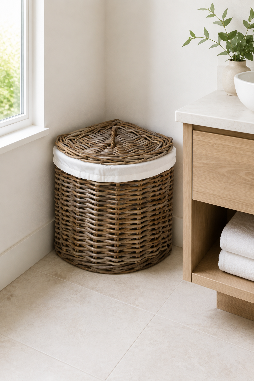 Rattan Corner Laundry Basket with Lid + Inner Bag