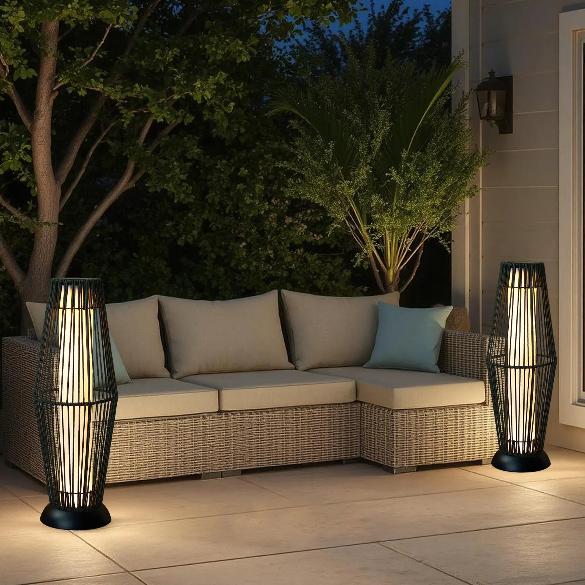 2-Piece Grey Solar Wicker Patio Lamp Set