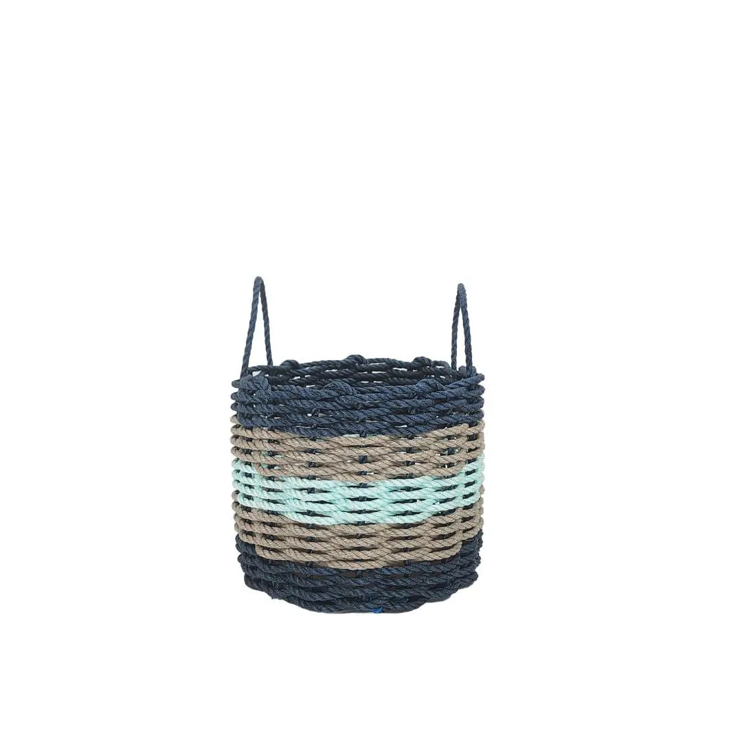 Navy Blue, Tan + Seafoam 5-Stripe Rope Basket