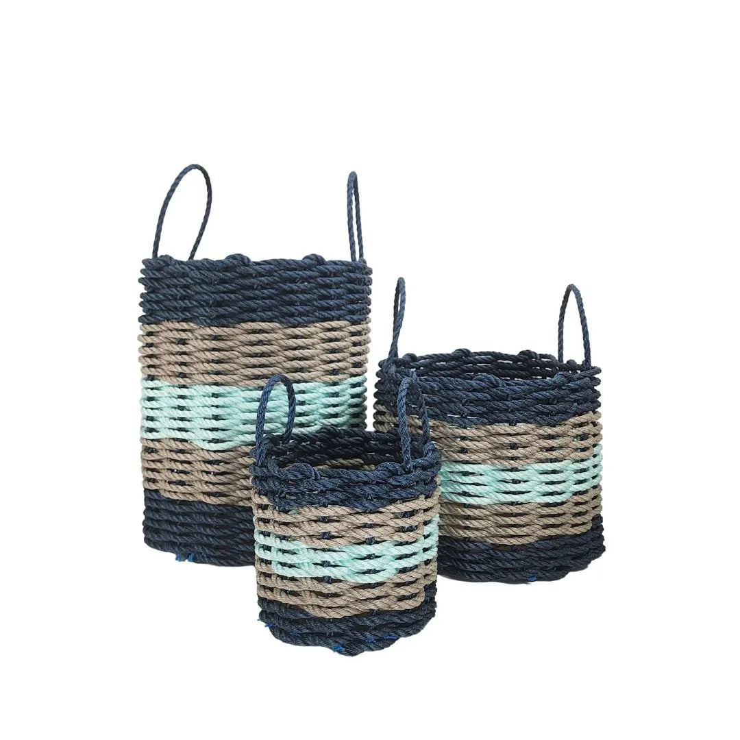 Navy Blue, Tan + Seafoam 5-Stripe Rope Basket