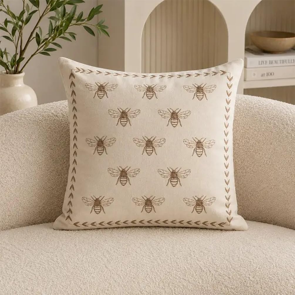 Ivory Embroidered Bee Throw Pillow — 18" × 18"
