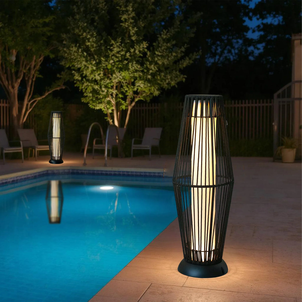 2-Piece Grey Solar Wicker Patio Lamp Set