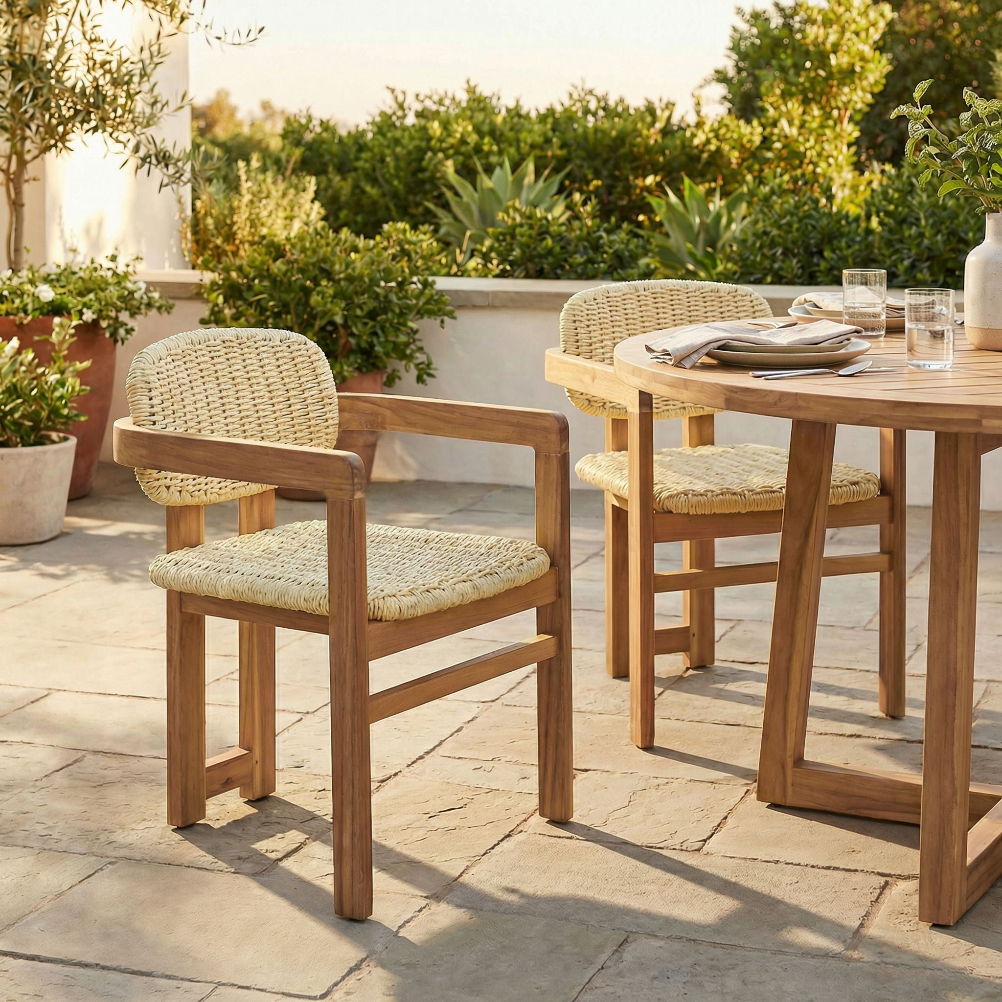 Acacia Wood & Rattan Patio Armchairs - Set of 2