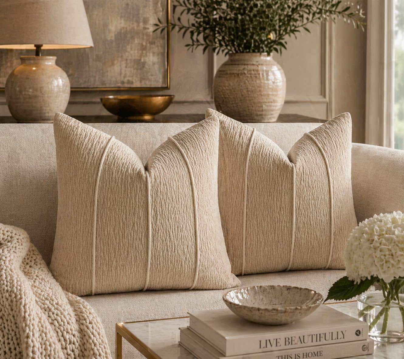 Beige Chenille Lumbar Throw Pillow with Insert — 12" × 20"