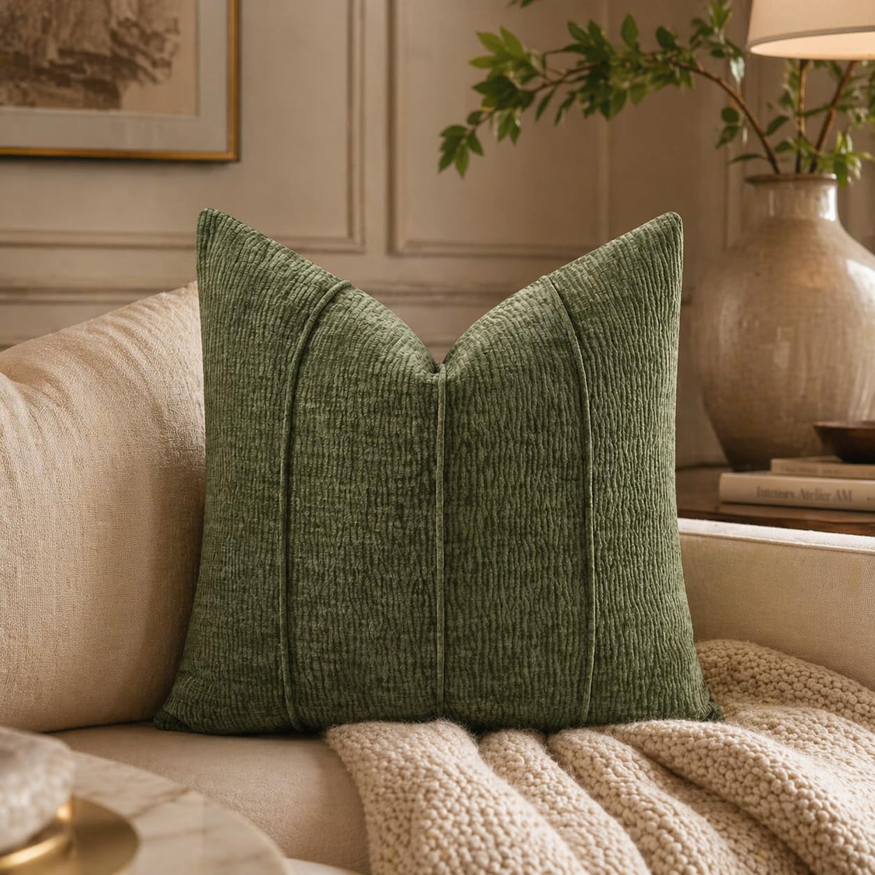 Beige Chenille Lumbar Throw Pillow with Insert — 12" × 20"