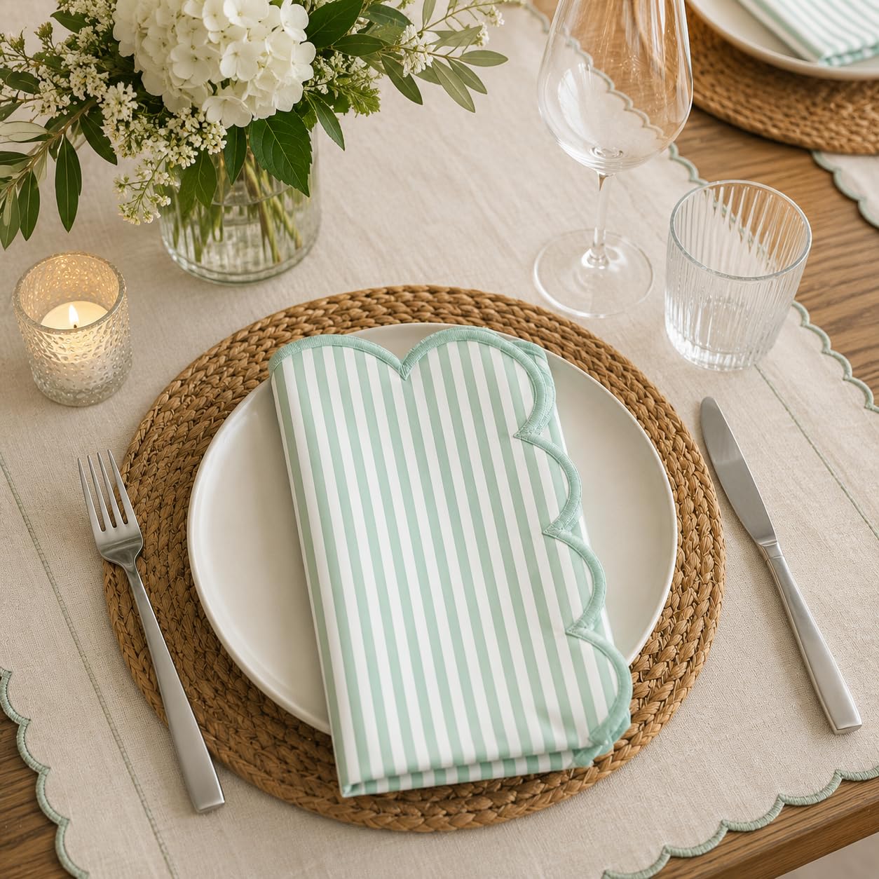Natural Scalloped Stripe Cloth Napkins — Set of 4