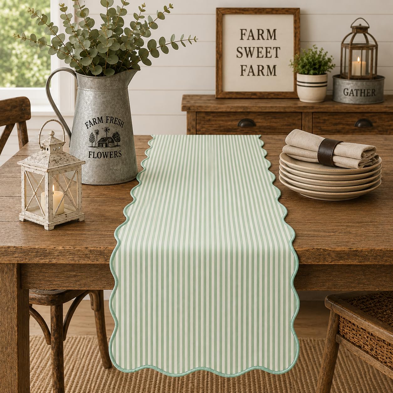 Natural Scalloped Stripe Table Runner — 16" × 72"