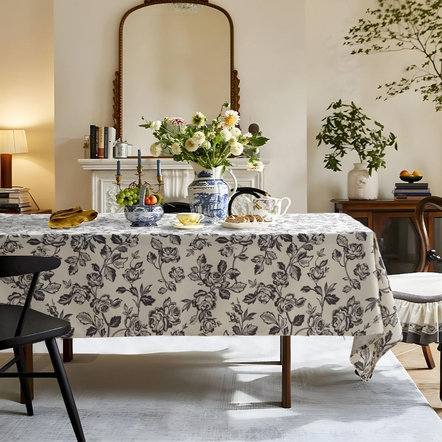 Vintage Black Rose Print Tablecloth — 56" × 88"