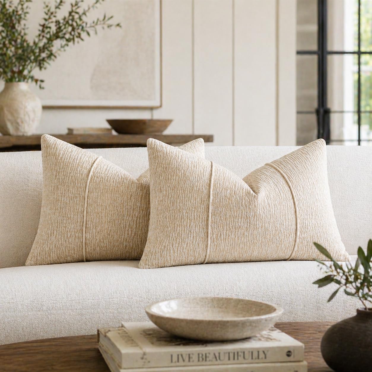 Beige Chenille Lumbar Throw Pillow with Insert — 12" × 20"