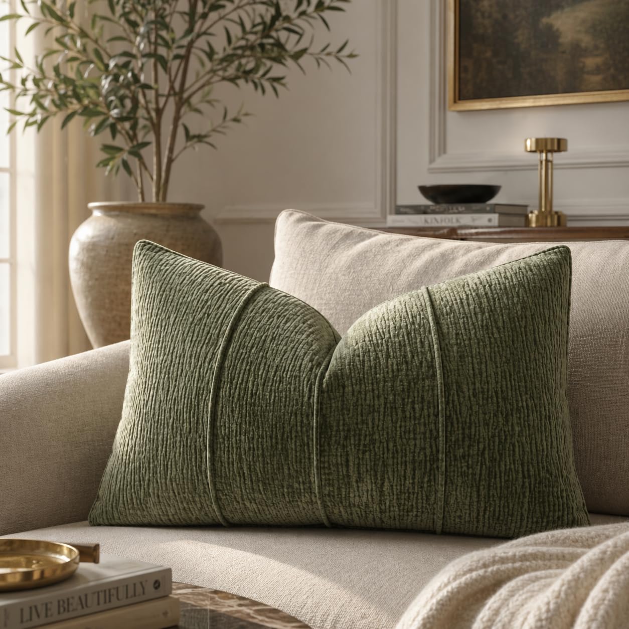 Beige Chenille Lumbar Throw Pillow with Insert — 12" × 20"
